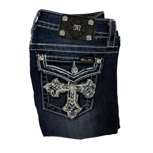 Miss Me Jeans Size 29 Signature Boot Cut Dark Wash Embellished Cross Pockets